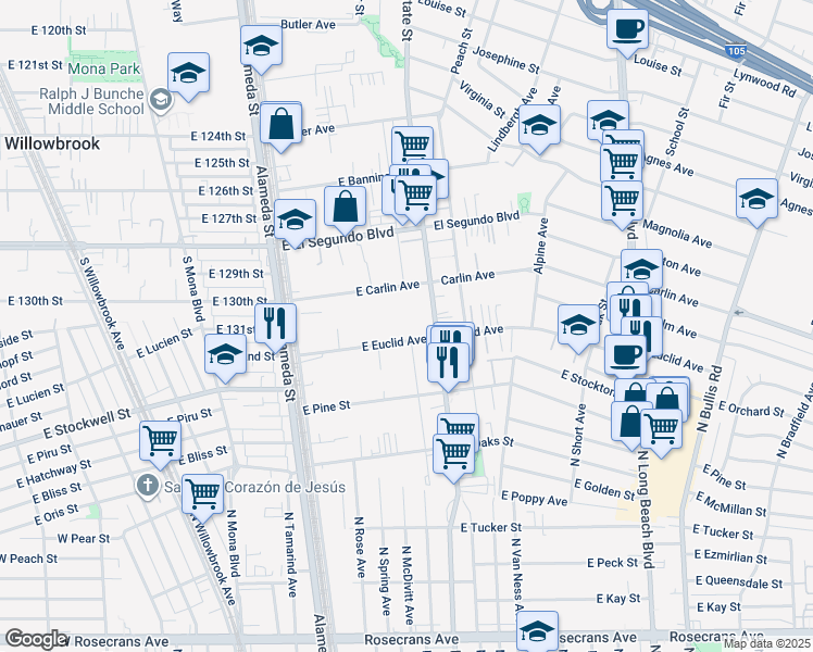 map of restaurants, bars, coffee shops, grocery stores, and more near 537 East Euclid Avenue in Compton