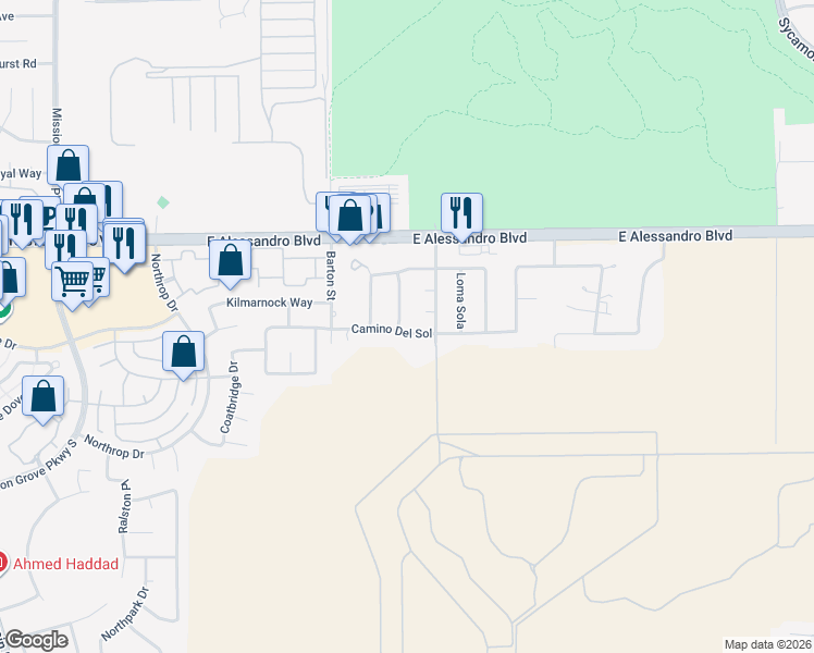 map of restaurants, bars, coffee shops, grocery stores, and more near 14190 El Paseo Road in Riverside