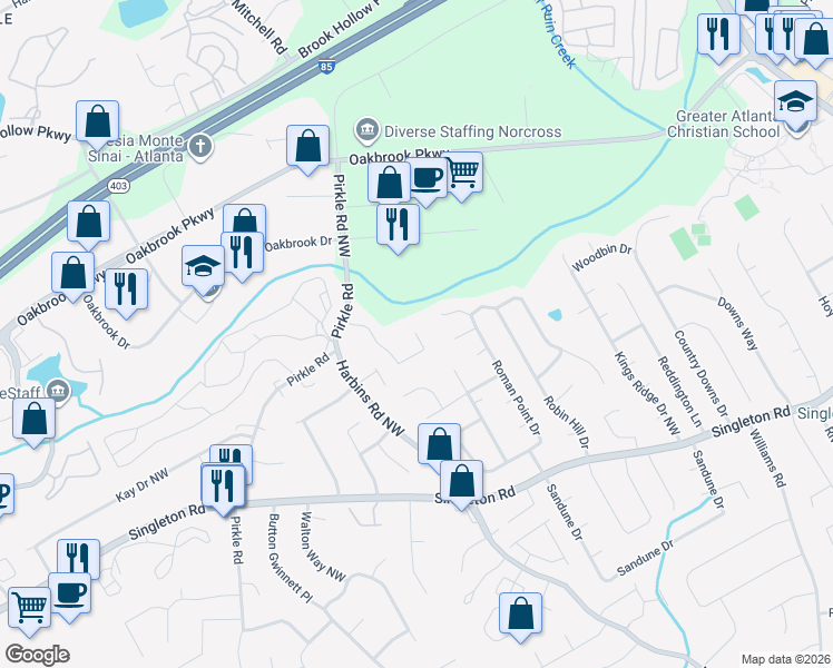 map of restaurants, bars, coffee shops, grocery stores, and more near 5524 Estates Court in Norcross