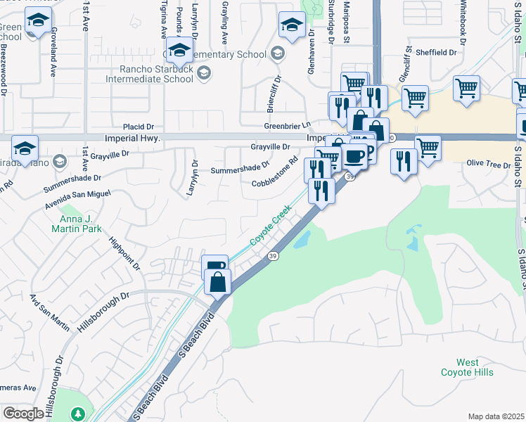 map of restaurants, bars, coffee shops, grocery stores, and more near 1400 South Zeke and Elsie Avenue in La Habra