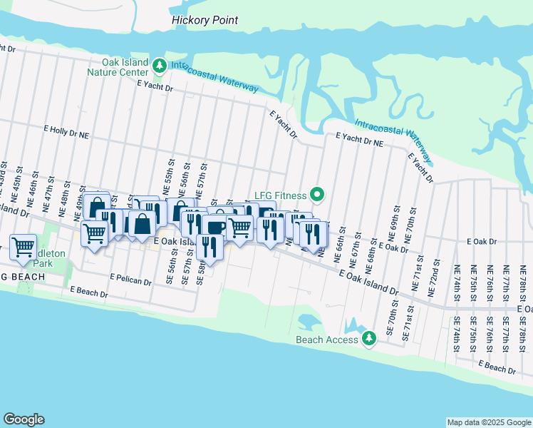 map of restaurants, bars, coffee shops, grocery stores, and more near 205 Northeast 62nd Street in Oak Island