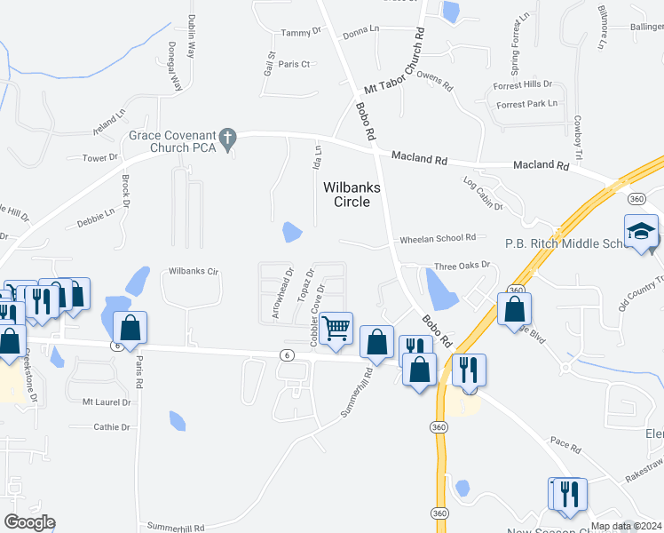 map of restaurants, bars, coffee shops, grocery stores, and more near 242 Topaz Drive in Dallas