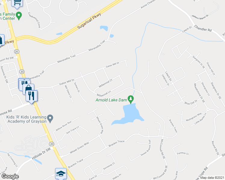 map of restaurants, bars, coffee shops, grocery stores, and more near 1555 Millennial Lane in Lawrenceville