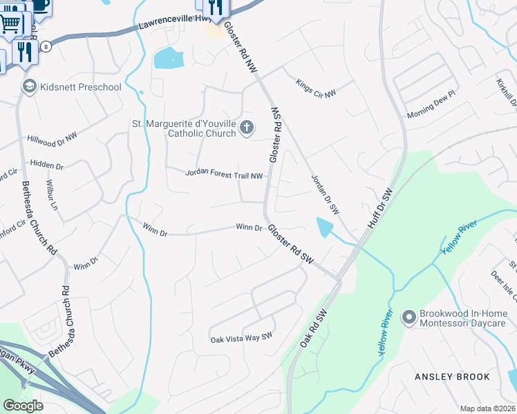 map of restaurants, bars, coffee shops, grocery stores, and more near 25 Gloster Road Northwest in Lawrenceville