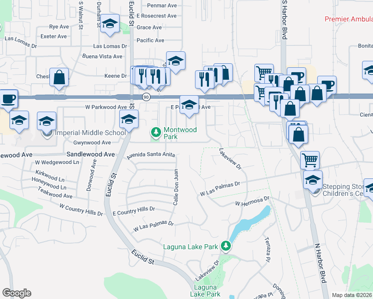 map of restaurants, bars, coffee shops, grocery stores, and more near 1450 Calle Don Juan in La Habra