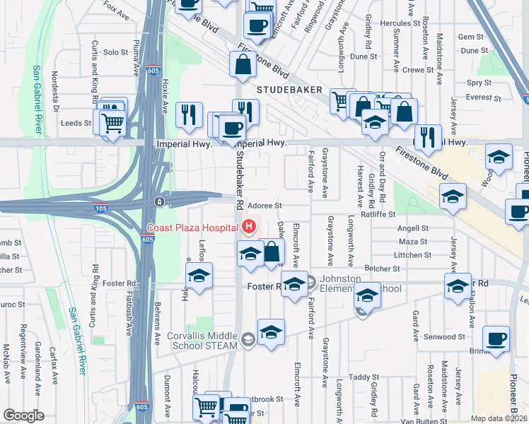 map of restaurants, bars, coffee shops, grocery stores, and more near 11034 Adoree Street in Norwalk