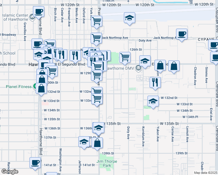 map of restaurants, bars, coffee shops, grocery stores, and more near 13106 Roselle Avenue in Hawthorne