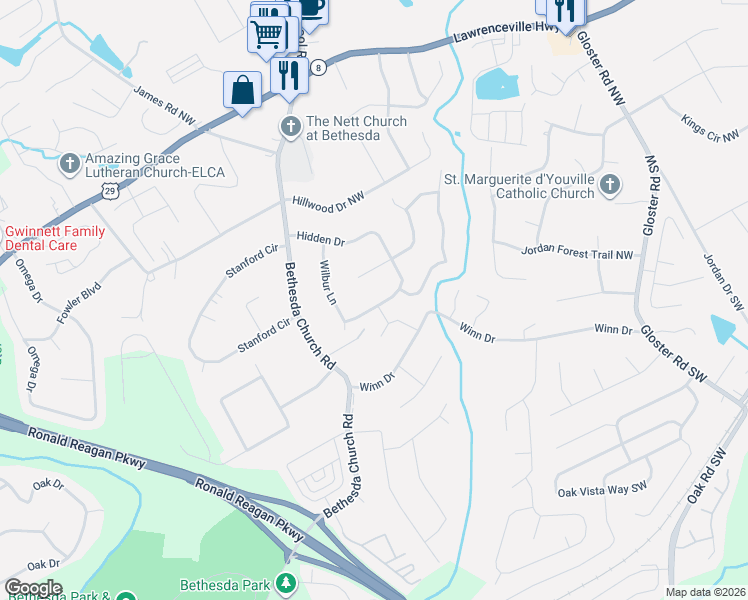 map of restaurants, bars, coffee shops, grocery stores, and more near 2906 Hidden Drive in Lawrenceville