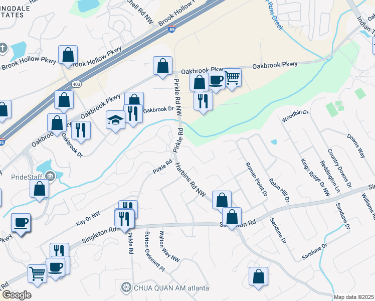map of restaurants, bars, coffee shops, grocery stores, and more near 5642 Estates Court in Norcross