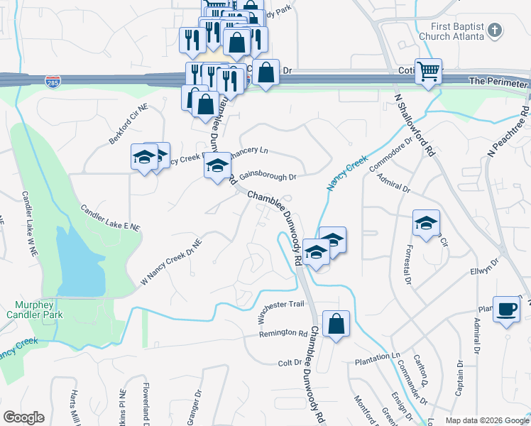 map of restaurants, bars, coffee shops, grocery stores, and more near 4153 Fischer Way in Atlanta