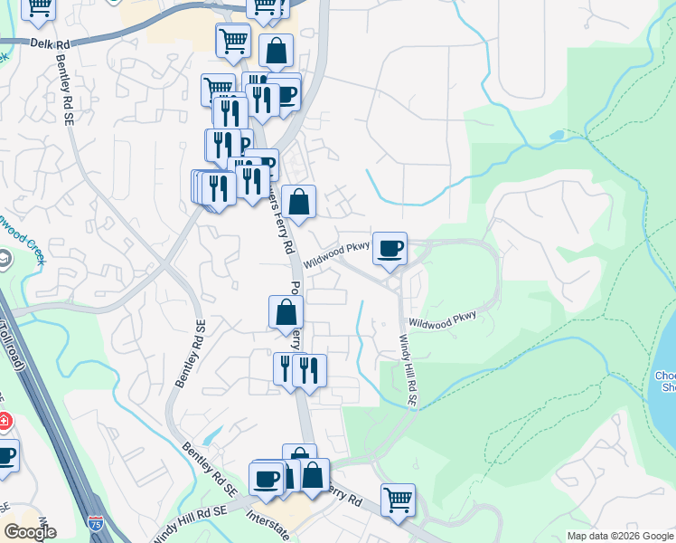 map of restaurants, bars, coffee shops, grocery stores, and more near 3035 Riverstone Tr in Atlanta