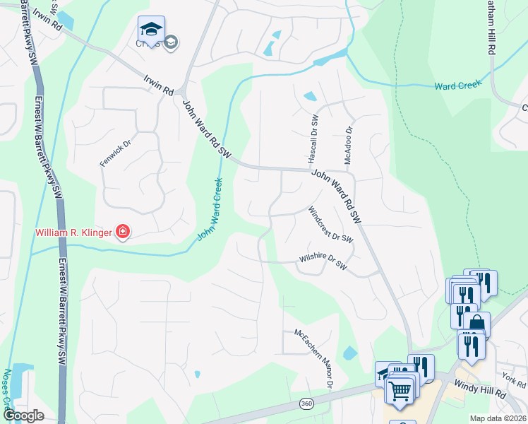 map of restaurants, bars, coffee shops, grocery stores, and more near 2100 Breconridge Drive South West in Marietta