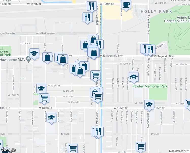 map of restaurants, bars, coffee shops, grocery stores, and more near 3133 West 131st Street in Hawthorne
