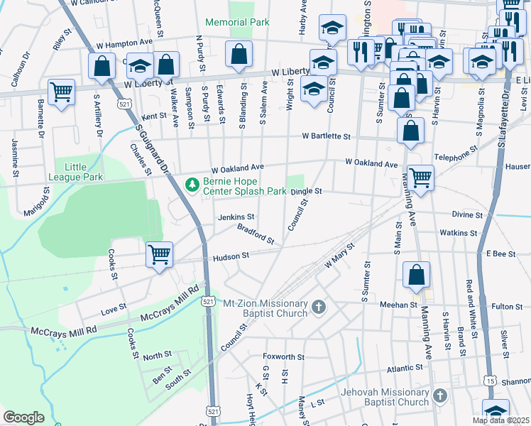 map of restaurants, bars, coffee shops, grocery stores, and more near 313 South Salem Avenue in Sumter