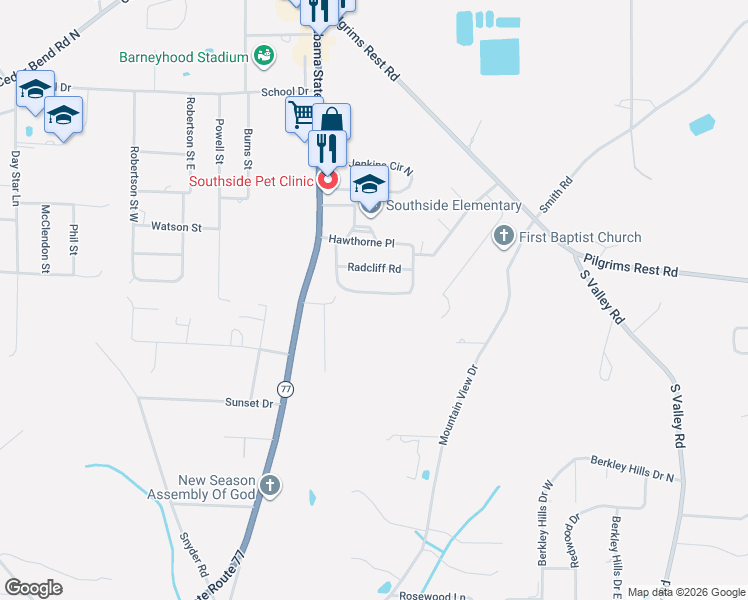 map of restaurants, bars, coffee shops, grocery stores, and more near 3121 Hawthorne Circle in Gadsden