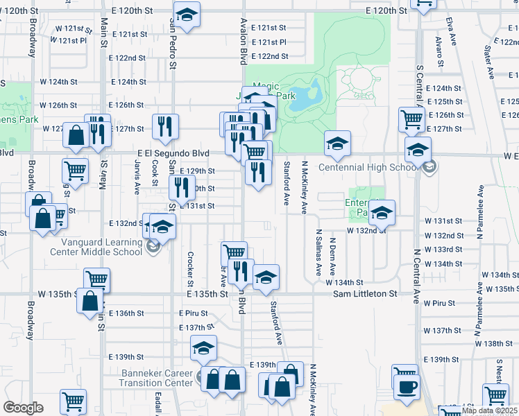 map of restaurants, bars, coffee shops, grocery stores, and more near 13110 Avalon Boulevard in Los Angeles