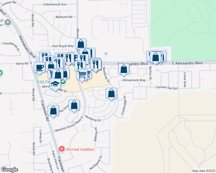 map of restaurants, bars, coffee shops, grocery stores, and more near 7606 Canberra Way in Riverside