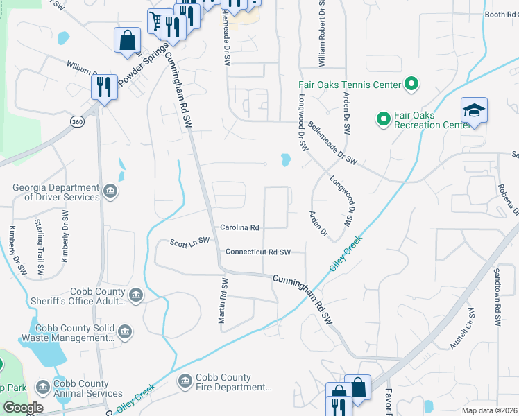 map of restaurants, bars, coffee shops, grocery stores, and more near 667 Crosswinds Circle in Marietta