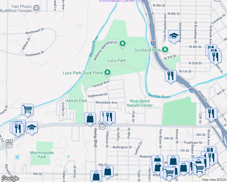 map of restaurants, bars, coffee shops, grocery stores, and more near 2415 Inglewood Drive in Wichita Falls