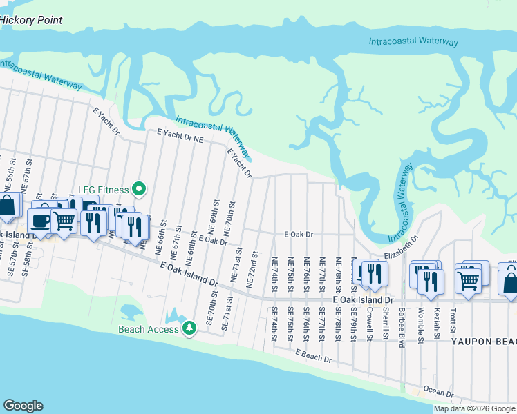 map of restaurants, bars, coffee shops, grocery stores, and more near 216 Northeast 72nd Street in Oak Island