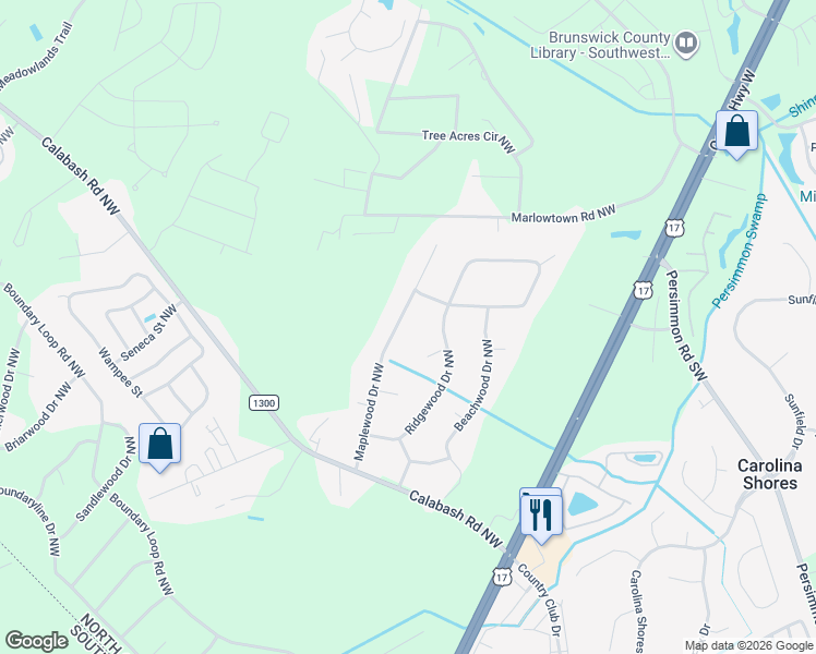 map of restaurants, bars, coffee shops, grocery stores, and more near 448 Maplewood Drive Northwest in Calabash