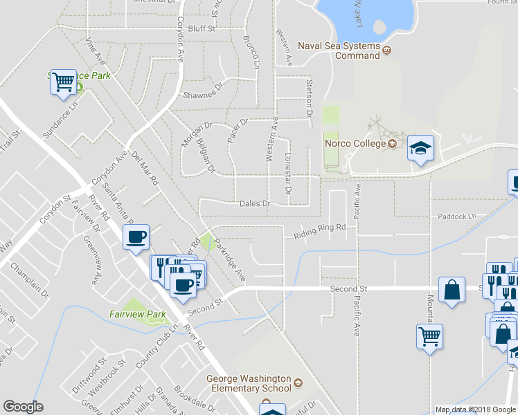 map of restaurants, bars, coffee shops, grocery stores, and more near 3214 Dales Drive in Norco