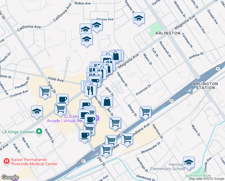 map of restaurants, bars, coffee shops, grocery stores, and more near 3705 Ross Street in Riverside