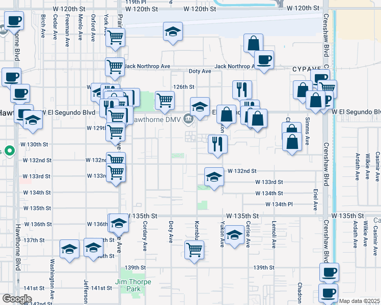 map of restaurants, bars, coffee shops, grocery stores, and more near in Hawthorne