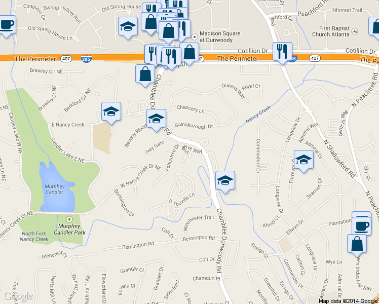 map of restaurants, bars, coffee shops, grocery stores, and more near 4153 Fischer Way in Atlanta