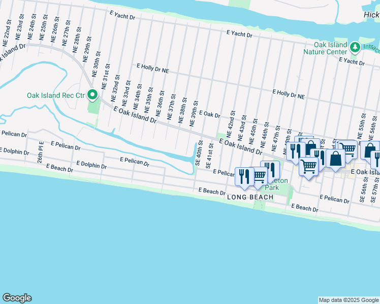 map of restaurants, bars, coffee shops, grocery stores, and more near 112 Southeast 39th Street in Oak Island