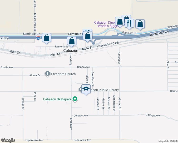 map of restaurants, bars, coffee shops, grocery stores, and more near 14290 Rafael Street in Cabazon