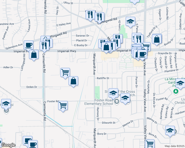 map of restaurants, bars, coffee shops, grocery stores, and more near 12927 Marquardt Avenue in Santa Fe Springs