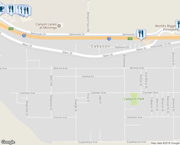 map of restaurants, bars, coffee shops, grocery stores, and more near 50155 Bonita Avenue in Cabazon