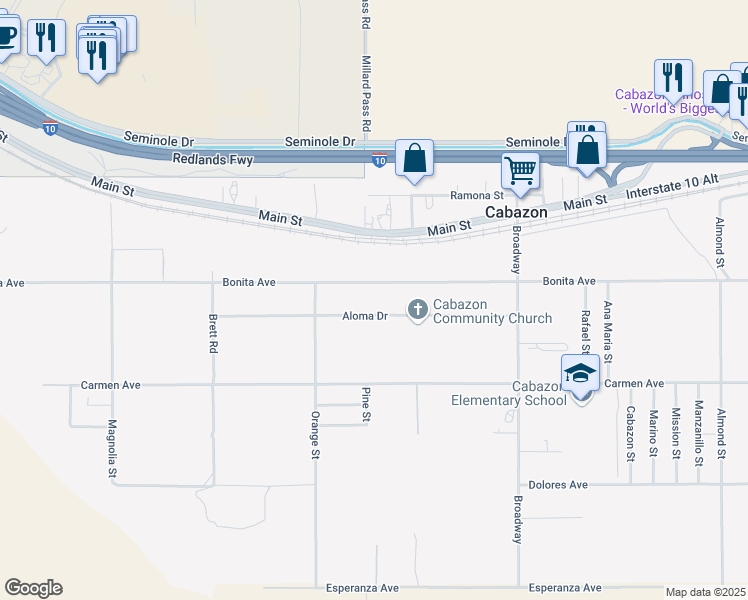 map of restaurants, bars, coffee shops, grocery stores, and more near 50155 Bonita Avenue in Cabazon