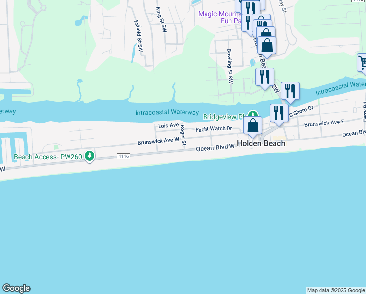 map of restaurants, bars, coffee shops, grocery stores, and more near 206 Ocean Boulevard West in Holden Beach