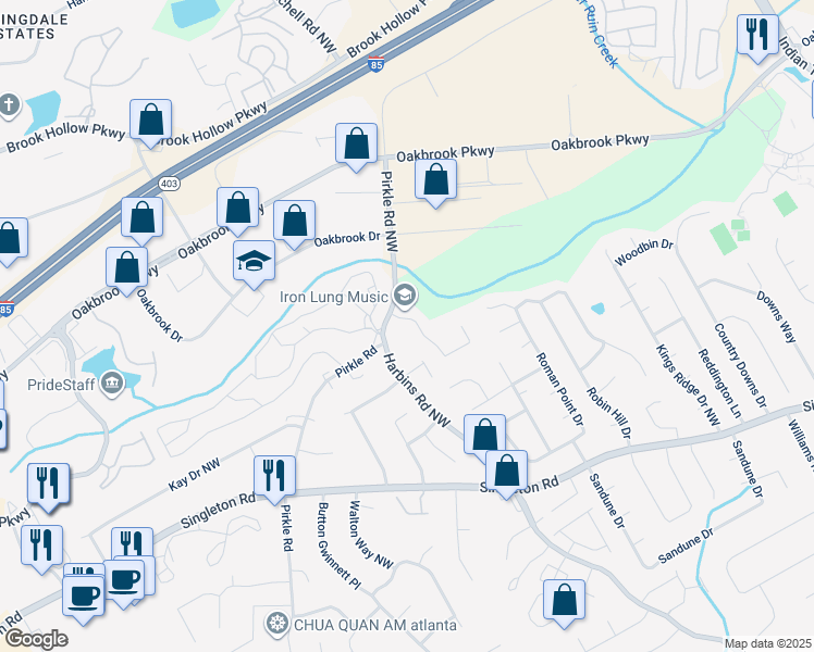 map of restaurants, bars, coffee shops, grocery stores, and more near 5642 Estates Court in Norcross