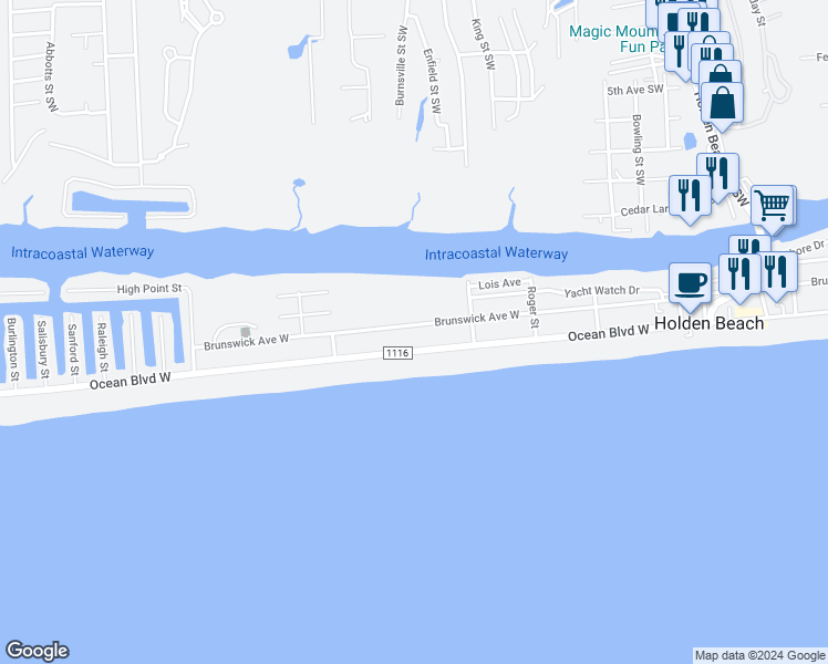 map of restaurants, bars, coffee shops, grocery stores, and more near 261 Brunswick Avenue West in Holden Beach
