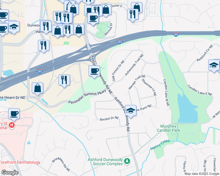 map of restaurants, bars, coffee shops, grocery stores, and more near 4131 Ashford Dunwoody Road Northeast in Atlanta