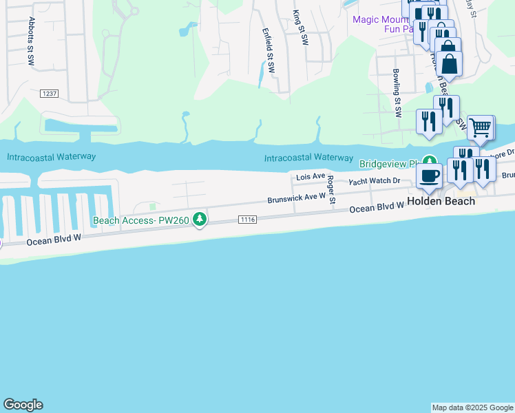 map of restaurants, bars, coffee shops, grocery stores, and more near 261 Brunswick Avenue West in Holden Beach