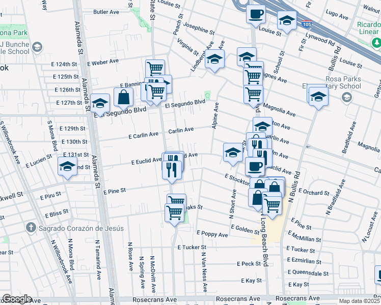 map of restaurants, bars, coffee shops, grocery stores, and more near 3157 Euclid Avenue in Lynwood