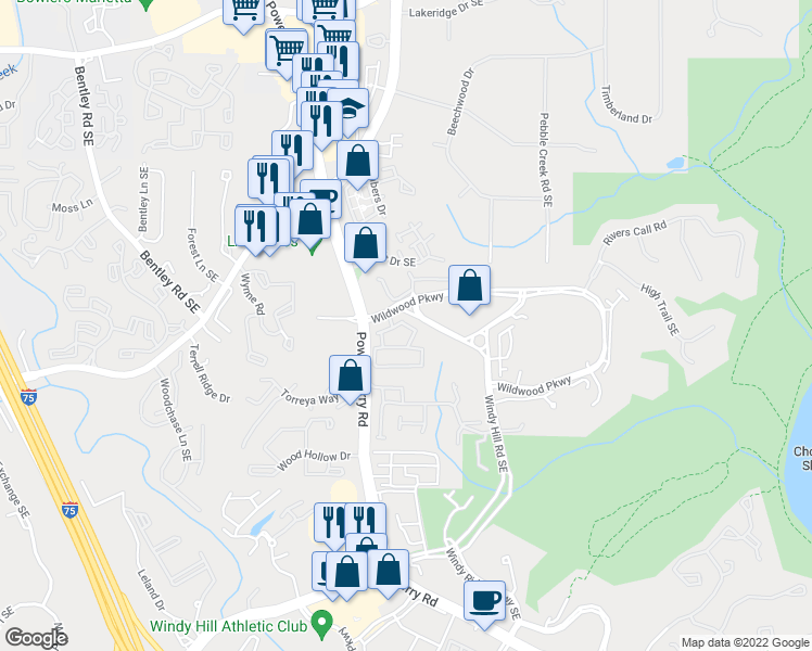 map of restaurants, bars, coffee shops, grocery stores, and more near 4475 Riverstone Tr in Atlanta