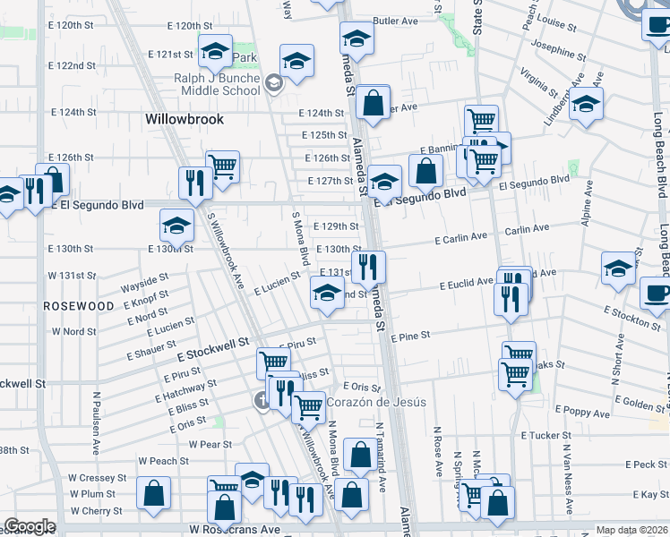 map of restaurants, bars, coffee shops, grocery stores, and more near 2533 East 131st Street in Compton