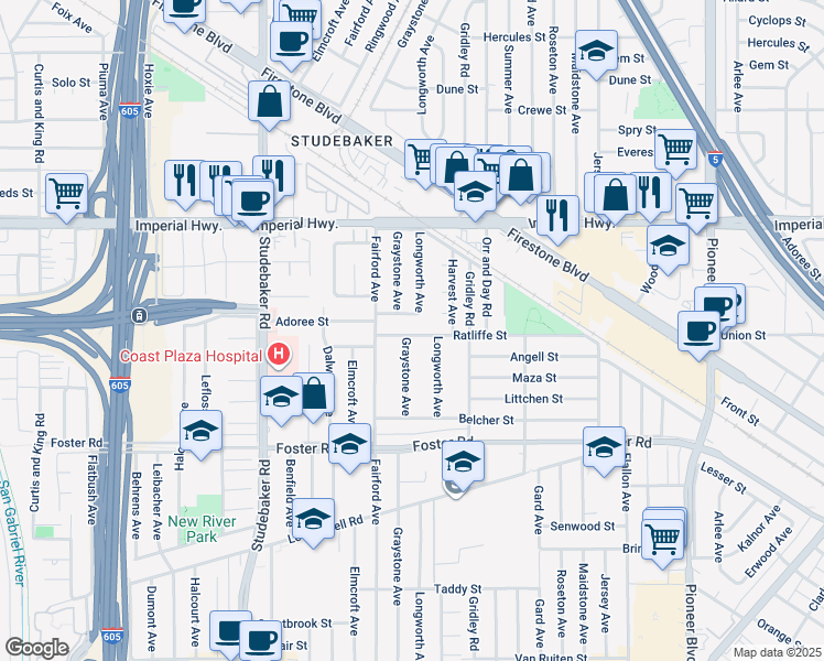 map of restaurants, bars, coffee shops, grocery stores, and more near 11241 Ratliffe Street in Norwalk