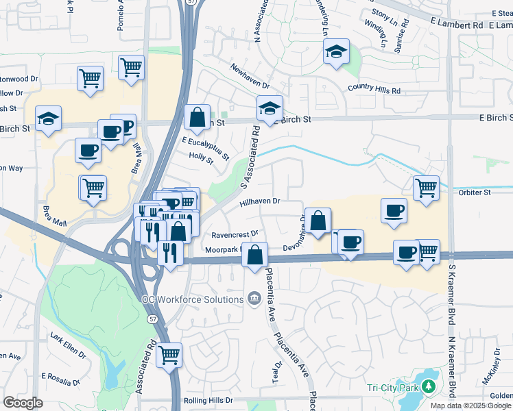 map of restaurants, bars, coffee shops, grocery stores, and more near 1946 Hillhaven Drive in Brea