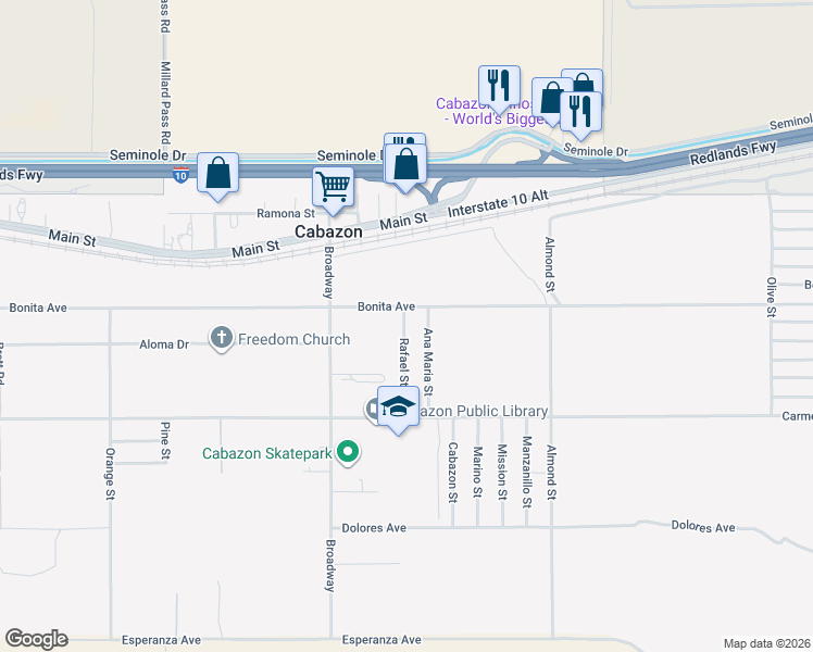 map of restaurants, bars, coffee shops, grocery stores, and more near 14290 Rafael Street in Cabazon