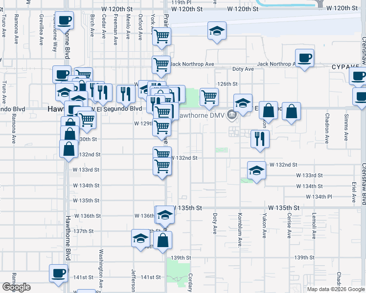 map of restaurants, bars, coffee shops, grocery stores, and more near 13102 Roselle Avenue in Hawthorne