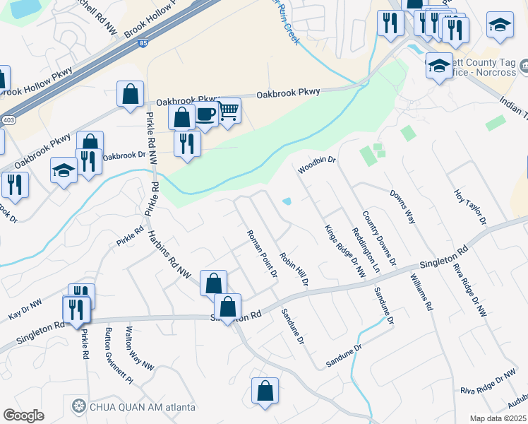 map of restaurants, bars, coffee shops, grocery stores, and more near 1493 Robin Hill Dr in Norcross