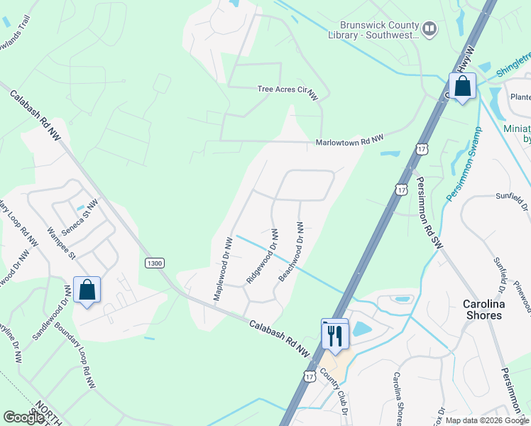 map of restaurants, bars, coffee shops, grocery stores, and more near 448 Maplewood Dr NW in Calabash