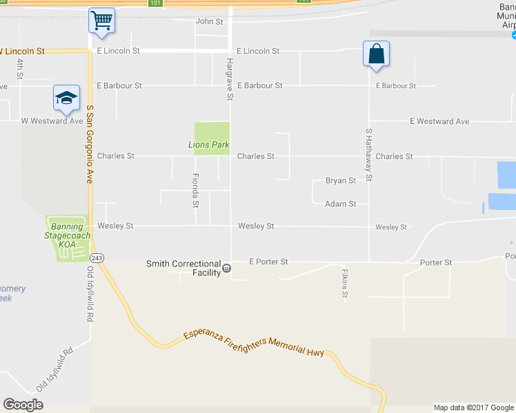 map of restaurants, bars, coffee shops, grocery stores, and more near 943 Wesley Street in Banning