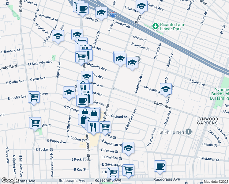map of restaurants, bars, coffee shops, grocery stores, and more near 3720 Carlin Avenue in Lynwood